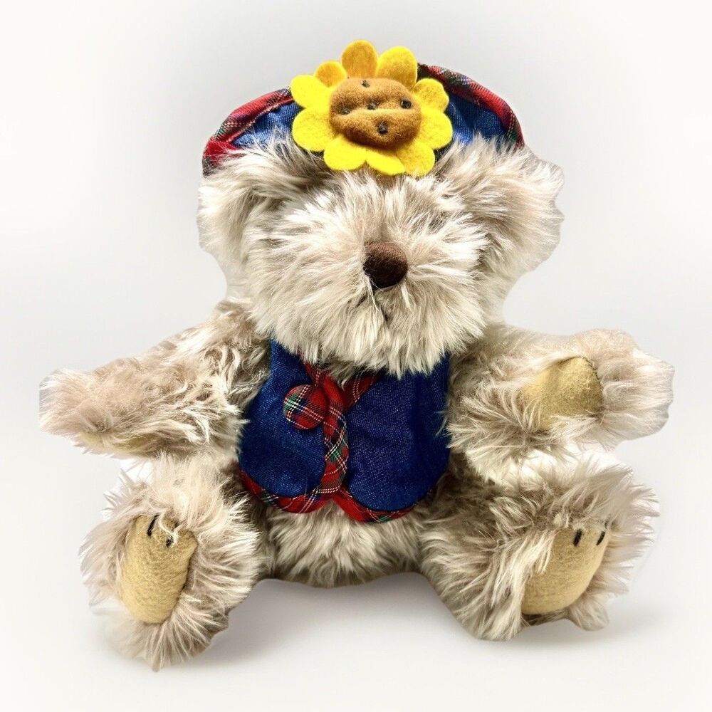 Pickford Bears Blossom The Brass Button Bear Sunflower Plaid Denim Vintage Plush